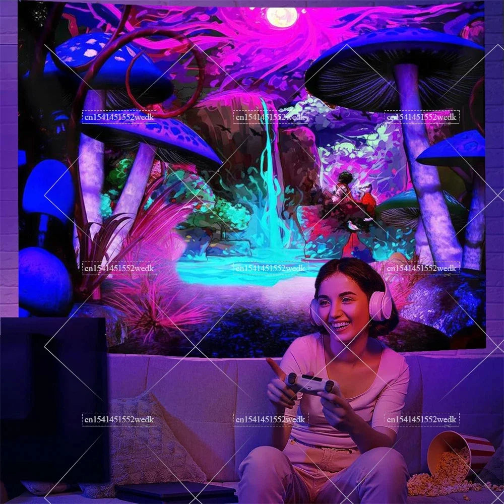 Blacklight Mushroom Tapestry UV Reactive Hippie Skull Tapestries Wall Hanging Eyes Forest Tapestry Glow In The Dark Posters