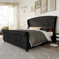 Queen Size Platform Bed Frame, Velvet Upholstered Sleigh Bed with Scroll Wingback Headboard & Footboard/Button Tufted Grey
