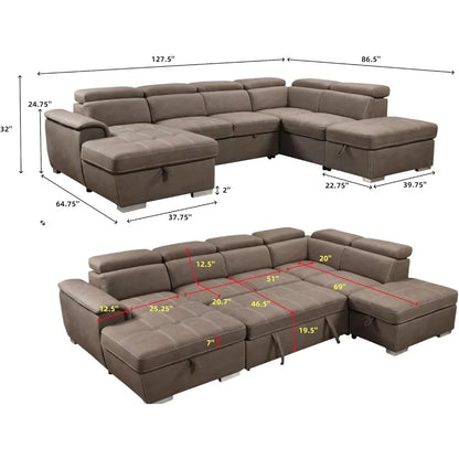 Wohnzimmer Sofas,U-Shaped Sectional Sofa with Pull-Out Bed, Adjustable Headrests, and Storage Chaise, U-Shaped Sectional Sofa