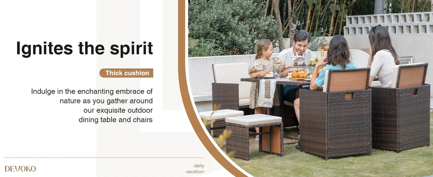 9 Pieces Patio Dining Sets Outdoor Space Saving Rattan Chairs with Glass Table Patio Furniture Sets Cushioned Seating (Beige)
