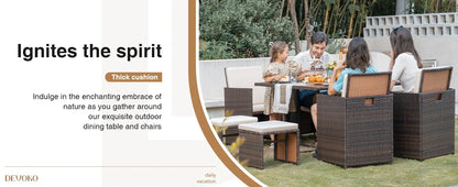 9 Pieces Patio Dining Sets Outdoor Space Saving Rattan Chairs with Glass Table Patio Furniture Sets Cushioned Seating (Beige)