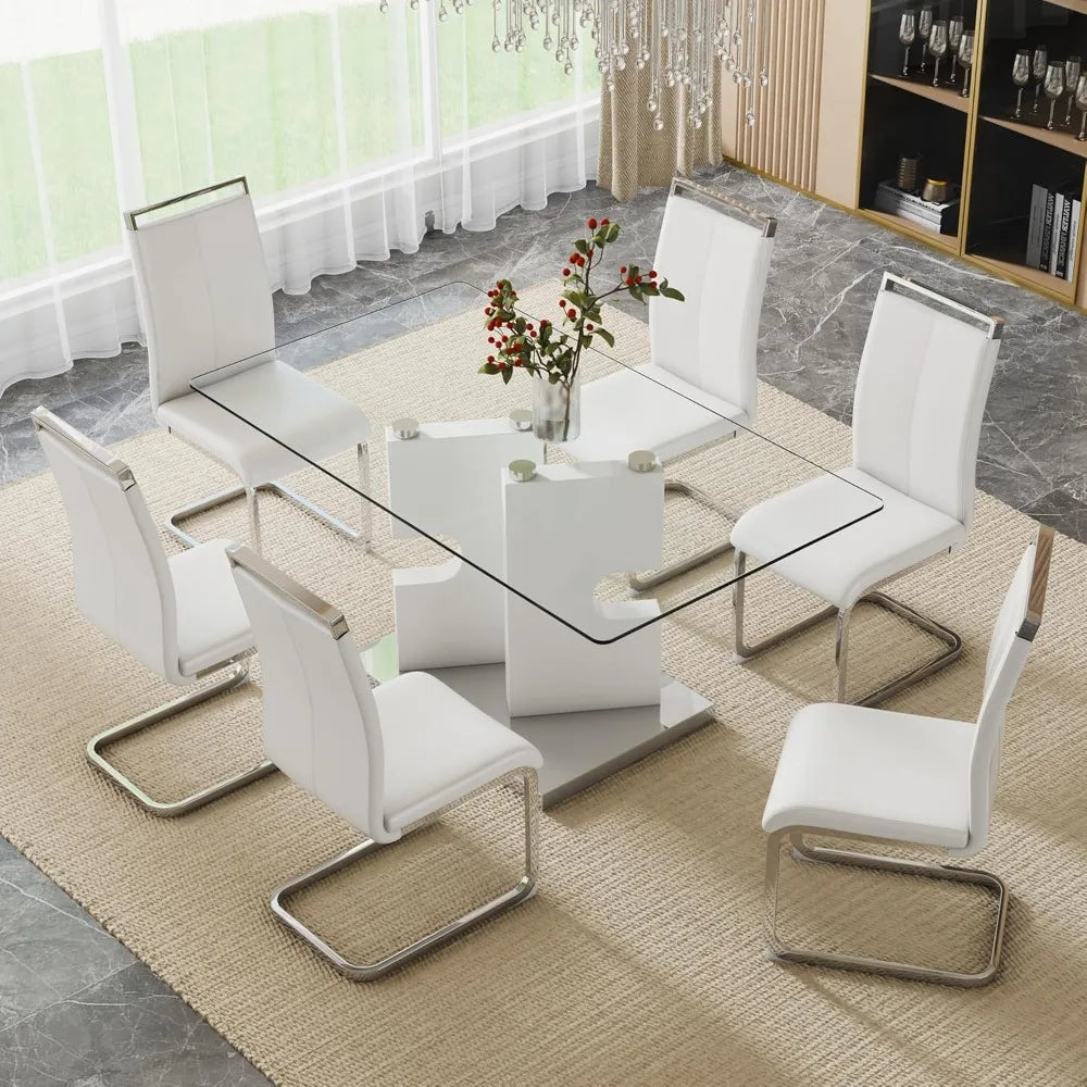 Modern dining table set for 6 people, glass table with 6 faux leather chairs, kitchen display table, suitable for living room
