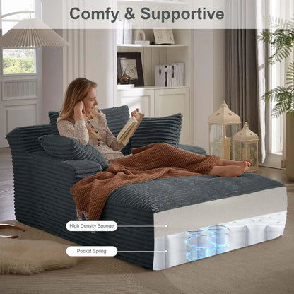 Oversized Chaise Lounge Chair Indoor,Upholstered Sleeper Sofa Couch w/ Throw Pillows & Armrests, Corduroy Plush Chair Bed