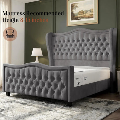 King Size Bed Frame with LED Lights, 53'' Upholstered Platform Wingback Bed with Handmade Deep Button Tufted Headboard Footboard
