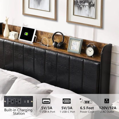 Upholstered Bed Frame Queen Size with Headboard with Storage Drawers & Charging Station,No Box Spring Needed/Heavy Duty