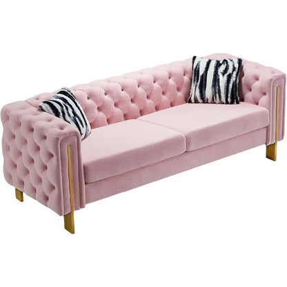 Modern Velvet Sofa for Living Room, 84 Inches Long Tufted Couch Upholstered Sofa with 2 Pillows High Arm and Metal Legs Decor