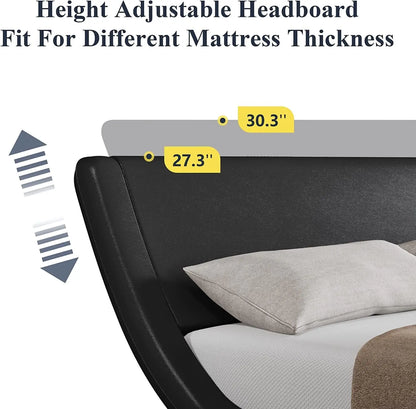 Upholstered Platform Bed Frame with Ergonomic & Adjustable Headboard, Modern Low Profile Sleigh Design