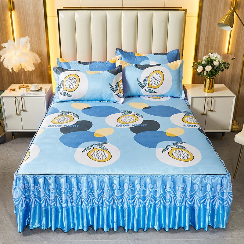 3pcs Set Luxury Classic Floral Bed Skirt with Pillowcase, Ice Silk Flower Print Bedding Set for Dorm, Bedroom, Guest Room Decor