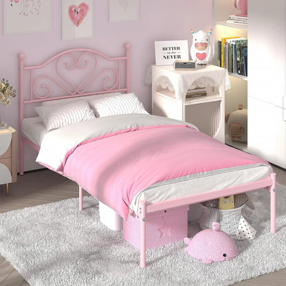Full Size Bed Frame with Headboard, Heavy Duty Steel Slat Support Platform Under Bed Storage Space No Box Spring Needed, White