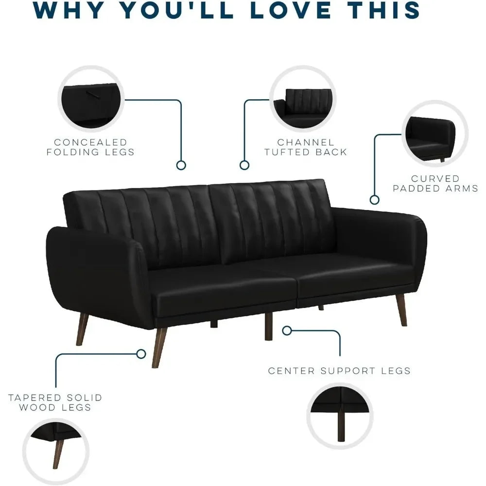Brittany Futon Sofa Bed and Couch Sleeper, Black Faux Leather