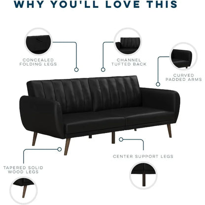 Brittany Futon Sofa Bed and Couch Sleeper, Black Faux Leather