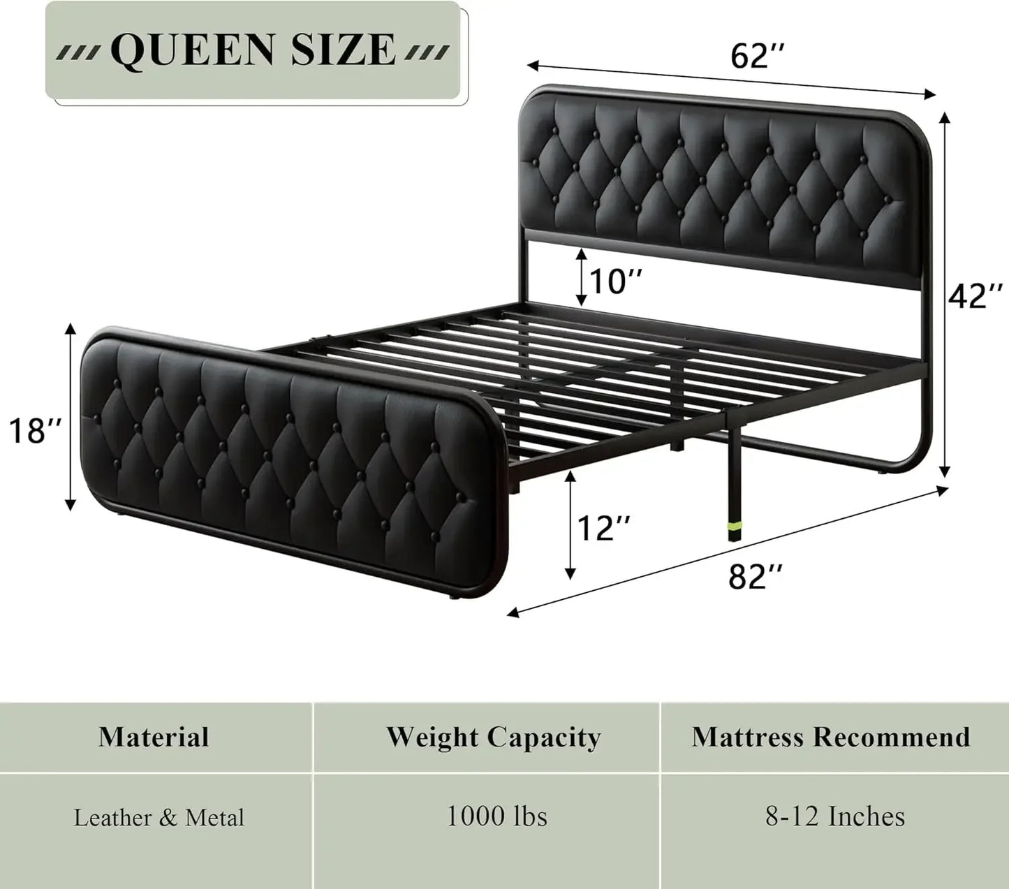 Heavy Duty Bed Frame with Faux Leather Headboard, Upholstered Platform Bed with Strong Metal Slats, 12" Under-Bed Storage