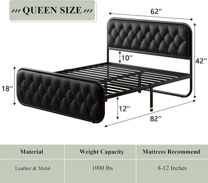 Heavy Duty Bed Frame with Faux Leather Headboard, Upholstered Platform Bed with Strong Metal Slats, 12" Under-Bed Storage