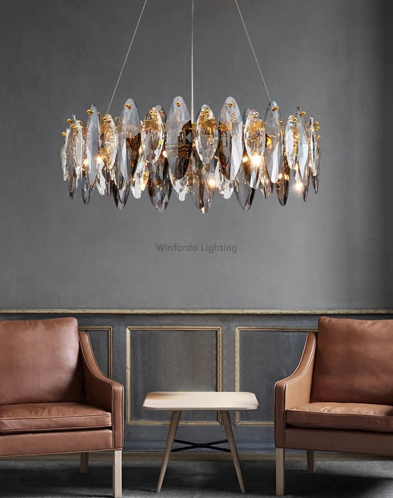 Modern Grey Clear Crystal Chandelier Light Luxury LED Lamp Fixture For Living Dining Room Winfordo Lighting