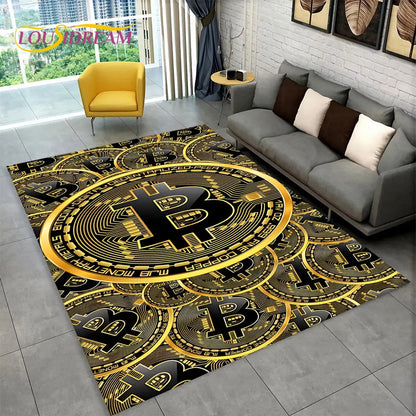 3D Bitcoin Virtual Currency Area Rug Large, Carpet Rug for Living Room Bedroom Sofa Playroom Doormat Decor, Kid Non-slip Floor Mat