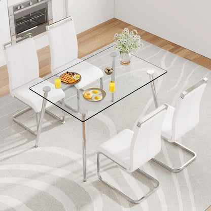 Glass Dining Table Set for 4,5 Piece Dining Table and Chairs Set，Modern Kitchen Dining Room Table with 4 Black PU Leather