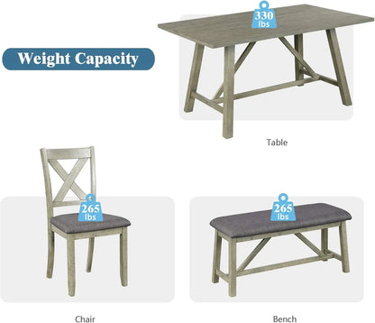 6 Pieces Dining Table Set with Bench, Rectangle Dining Table with 4 Upholstered Chairs & A Bench, Rubber Wood Dining Table Set