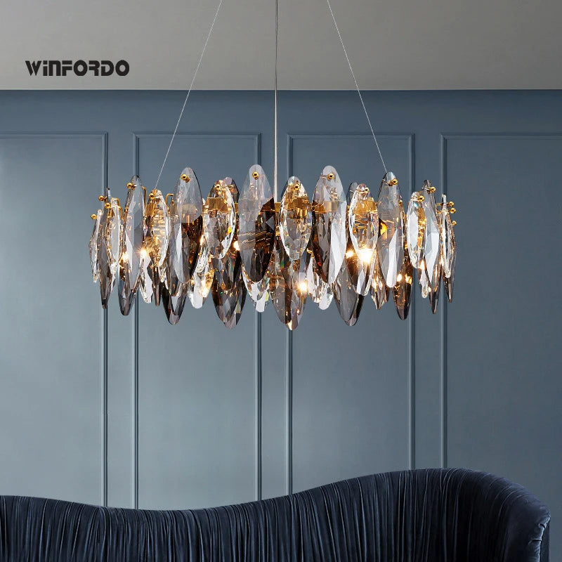 Modern Grey Clear Crystal Chandelier Light Luxury LED Lamp Fixture For Living Dining Room Winfordo Lighting