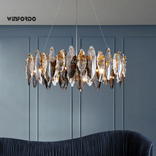 Modern Grey Clear Crystal Chandelier Light Luxury LED Lamp Fixture For Living Dining Room Winfordo Lighting