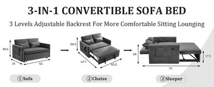 3 in 1 Pull Out Convertible Sofa Bed-Velvet Sleeper Sofa with 3Level Adjustable Backrest,Tufted Love Seat w/ 2Pockets ＆ 2Pillows