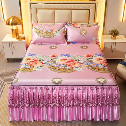 3pcs Set Luxury Classic Floral Bed Skirt with Pillowcase, Ice Silk Flower Print Bedding Set for Dorm, Bedroom, Guest Room Decor