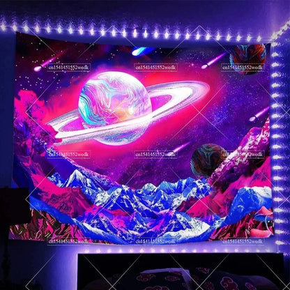 Blacklight Mushroom Tapestry UV Reactive Hippie Skull Tapestries Wall Hanging Eyes Forest Tapestry Glow In The Dark Posters