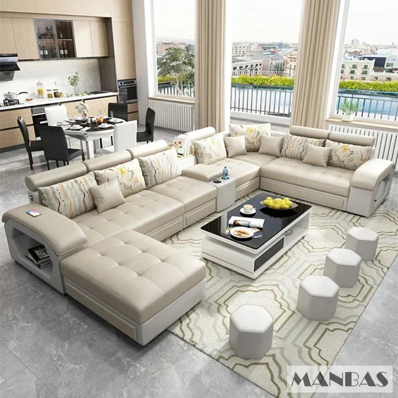 Linlamim Fabric Sofa Set Furniture Living Room Sofa Set With USB And Stools