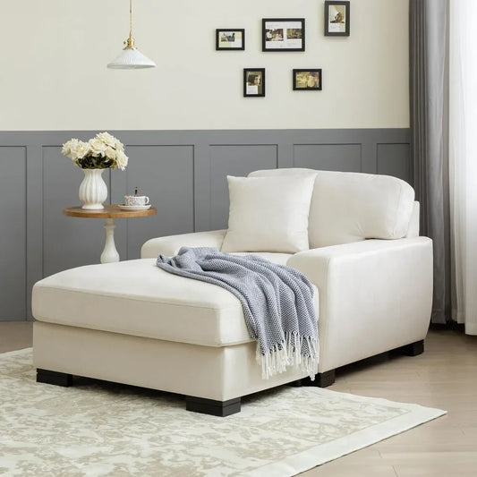 Modern Mid-Century Indoor Oversized Chaise Lounger Comfort Sleeper Sofa with Pillow and Soild Wood Legs, Velvet, Cream