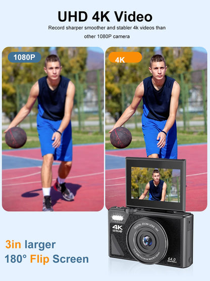 Ourlife AC600 Digital Camera 4K 64MP UHD Cameras 18X Digital Zoom 180° Flip Screen Vintage Vlogging Camera for YouTube Autofocus