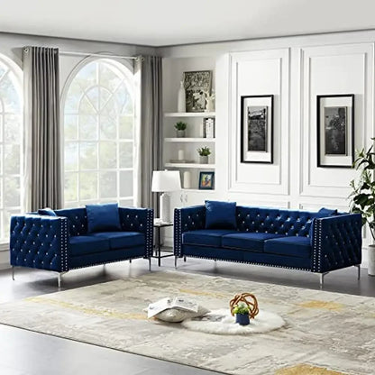 Modern Velvet Living Room Sofa Loveseat Set with Jeweled Button Tufted Arms Copper Nails 4 Pillows Sturdy Metal Feet Comfortable