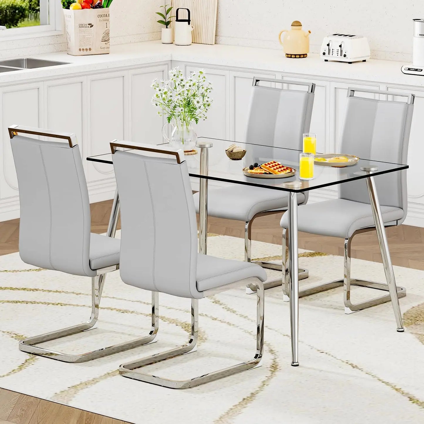 Glass Dining Table Set for 4,5 Piece Dining Table and Chairs Set，Modern Kitchen Dining Room Table with 4 Black PU Leather