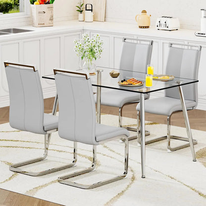 Glass Dining Table Set for 4,5 Piece Dining Table and Chairs Set，Modern Kitchen Dining Room Table with 4 Black PU Leather
