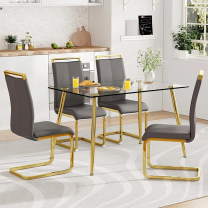 Glass Dining Table Set for 4,5 Piece Dining Table and Chairs Set，Modern Kitchen Dining Room Table with 4 Black PU Leather