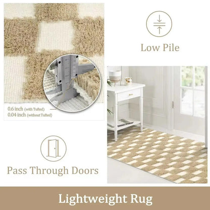 Vintage Nordic Style Cotton Linen Handmade Tassel Area Rug Checkerboard Tufted Floor Bedside Mat Living Room Bedroom Tapestry