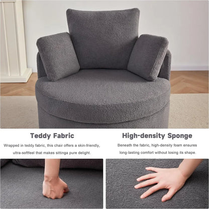 Round Oversized Swivel Barrel Chair with Base Storage for Living Room, 360°Modern Swivel Accent Chair with 3 Pillows for Home