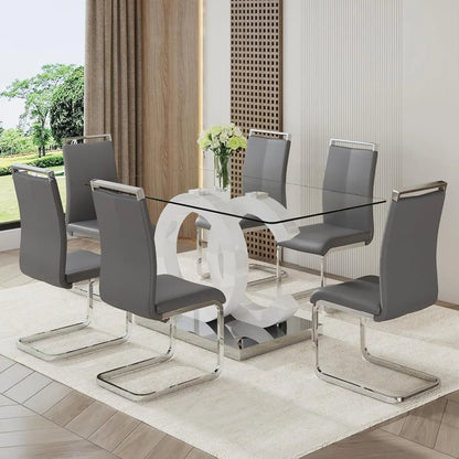 Glass Dining Table Set for 6 ,7 Piece Dining Table Set,Tempered Glass Table Top,PU Leather Ergonomic Dining Chairs Easy Assembly