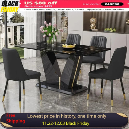 Marble Dining Table Set,Modern Dinings TablewithMDF Base Dinings Room Table and 4 Upholstered Metal Leg Chairs,Dining Room Sets