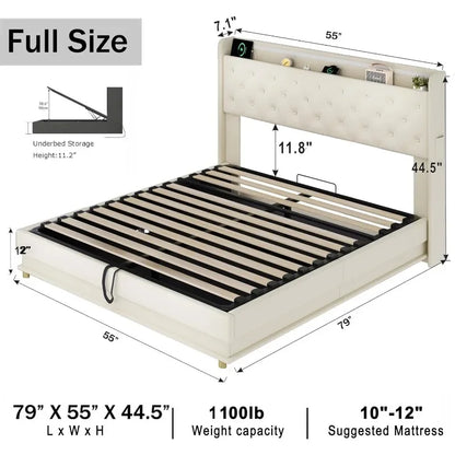Bed Frame with Charging Station & Led Lights, Upholstered Platform Bed with Button Tufted Wingback Storage Headboard