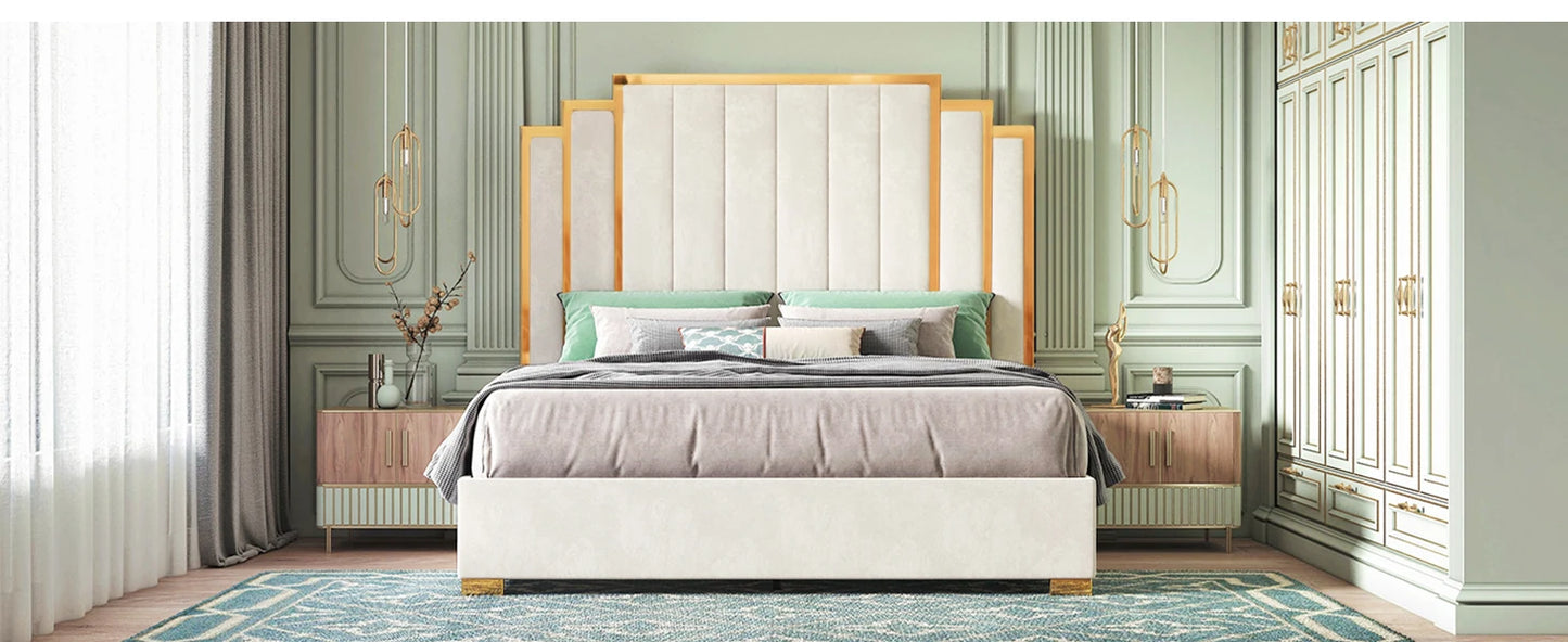 Queen Size Bed Frame and 61" Headboard, Upholstered Bed with Golden Plating Trim, Modern Platform Bed, Bed Bedroom Furniture