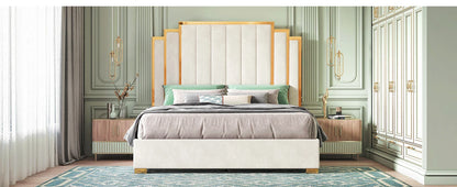 Queen Size Bed Frame and 61" Headboard, Upholstered Bed with Golden Plating Trim, Modern Platform Bed, Bed Bedroom Furniture