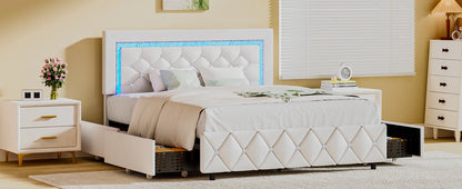 Queen Bed Frame with LED Lights, Upholstered Bed Frame with 4 Storage Drawers, Princess Platform Bed with Diamond Headboard