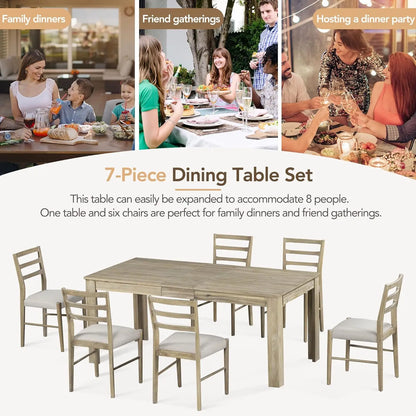 6 Pieces Dining Table Set with Bench, Rectangle Dining Table with 4 Upholstered Chairs & A Bench, Rubber Wood Dining Table Set
