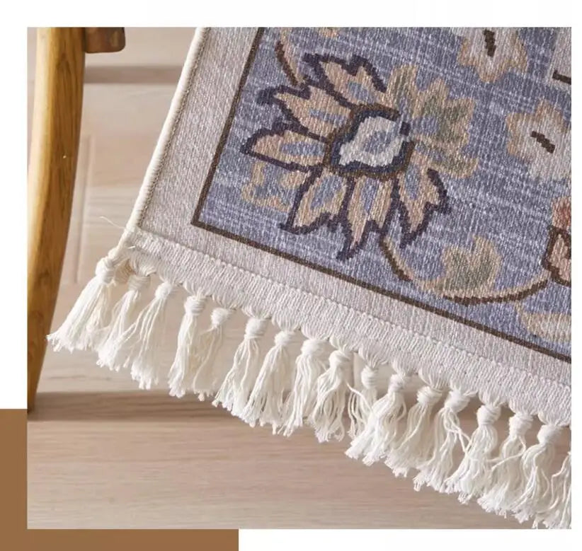 Morocco Bedroom Living Room Bedside Carpet Floor Mat Floral Kilim Cotton Linen Rectangular Rug Persian Tassel Carpet Tapis