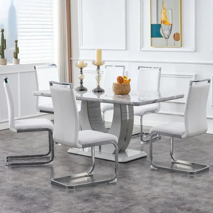 63" 7-Piece Dining Table Set, Faux Marble Table with 6 White PU Leather Dining Chairs, Dining Table and Chairs Set