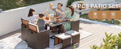9 Pieces Patio Dining Sets Outdoor Space Saving Rattan Chairs with Glass Table Patio Furniture Sets Cushioned Seating (Beige)