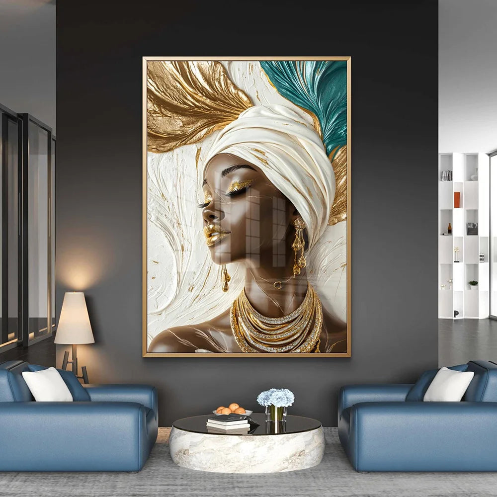 Elegant African Black Woman Wall Art Posters Print Luxury Gold Lip Gloss Gold Foil Turban Canvas Painting Living Room Home Decor