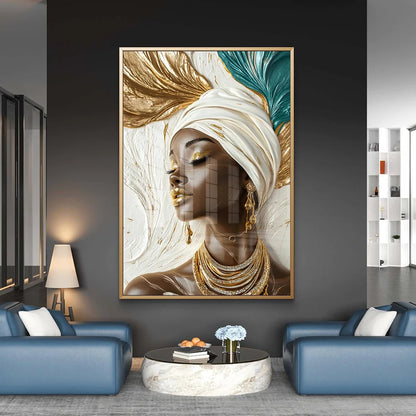 Elegant African Black Woman Wall Art Posters Print Luxury Gold Lip Gloss Gold Foil Turban Canvas Painting Living Room Home Decor