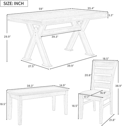 6 Pieces Dining Table Set with Bench, Rectangle Dining Table with 4 Upholstered Chairs & A Bench, Rubber Wood Dining Table Set