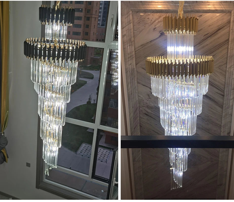 Large Top Long Crystal Led Chandeliers Hotel Hall Living Room Luxury Multi-layer Staircase Lighting Black Stainless Steel Light