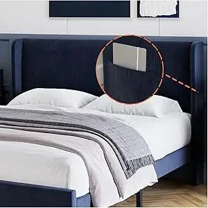 Bed Frame with Wingback & 2 Storage Pockets,  Upholstered Headboard, Solid Wood Slats Support, Velvet Platform Beds Bedroom